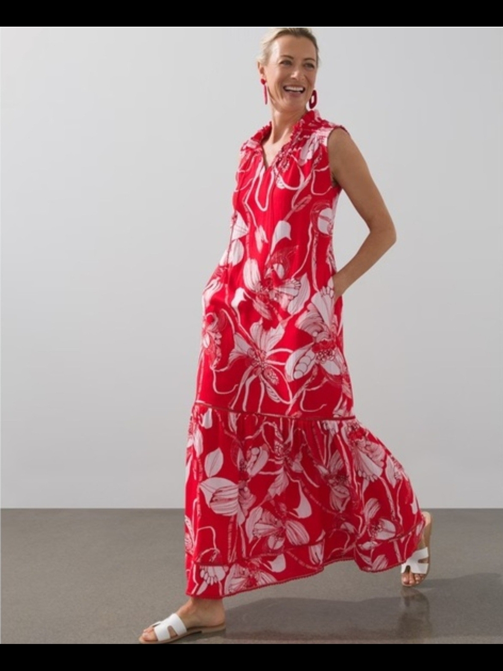 Chicos Modern Peasant Batik Maxi Dress Flame Scarlet Red Floral Resort Size 2 12